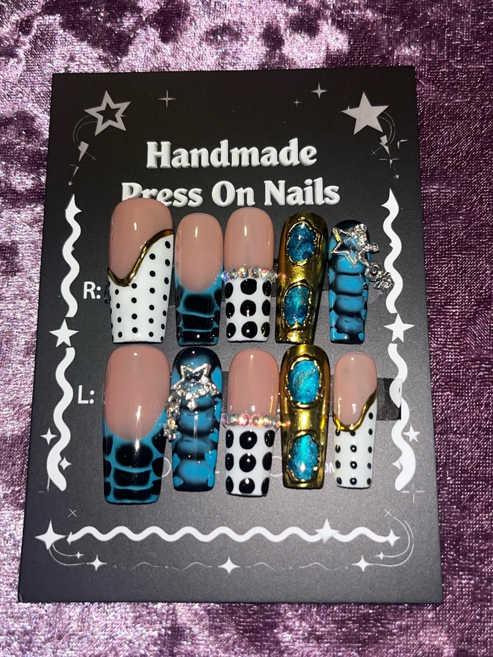 Handmade Press-On Nails - Blue & Gold Decorative Set